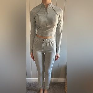 2 piece leggings and long-sleeve crop skirt. Reflecting material in the lining.